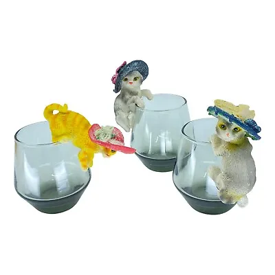Three Hand Painted Resin Cats With Glitter Hats That Hang Sit On Glasses Vintage • $24.99