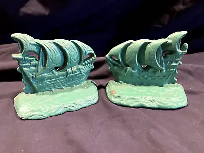 Vintage Cast Iron Ship Bookends Green • $9.99