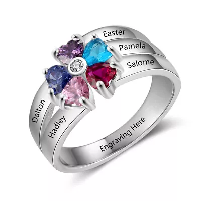 Mothers Ring Birthstone Sterling Silver Engraved 5 Stones Personalized Family • $49.90