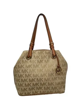 Michael Kors Jet Set Item Grab Bag Jacquard Signature Tote With Tan Leather Trim • $59