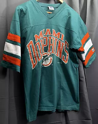 VTG Miami Dolphins Men's T-Shirt Large Single Stitch Stripes Made In USA • $33.94