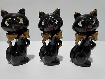 Vintage Redware Ceramic Black Cat Gold Bow X 3 Figurine 13cm • $44.95