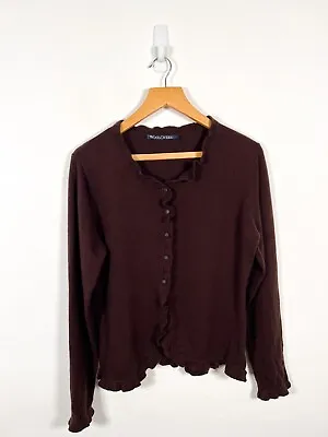 Woolvers Cashmere Merino Cardigan Womens Large Brown Knit Ruffle Jumper Wool • £29.98