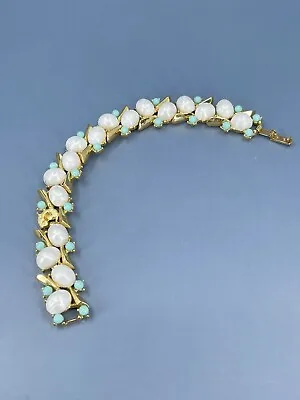 Crown Trifari Bracelet Faux Pearl Turquoise Colored Gold Tone 6  Missing 1 Stone • $99.95