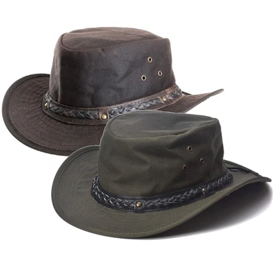 £24.99 • Buy Oil Skin Wax Cotton Fedora Aussie Bush Hat Braided Leather Trim Brown Or Olive