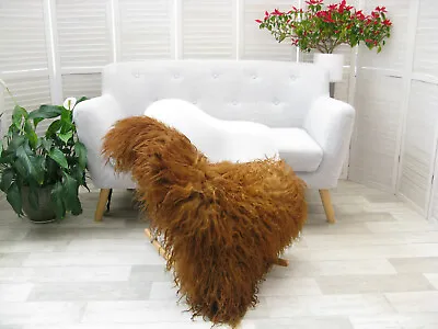 Brown Copper Curly Sheepskin Rug Dyed Real Mongolian Hide Skin Large Chair Gd10 • $112.22