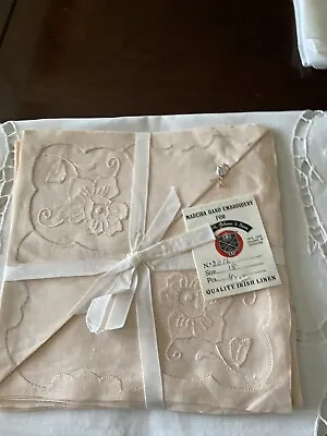 Vintage Blush IRISH Linen NAPKINS~MADEIRA Embroidered ~4 @ 18  NOS • $35