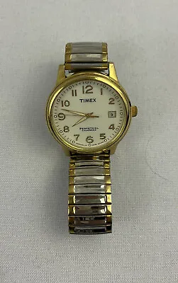 Vtg Gold Tone Timex WR 50M Men's Watch Stainless Indiglo  Perpetual Calendar • $30