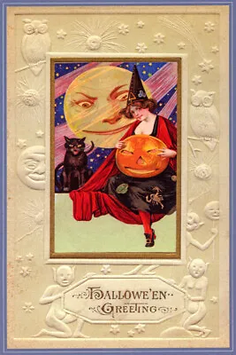 Halloween Greeting Witch Moon Black Cat Pumpkin Usa Holiday Vintage Poster Repro • $10.96