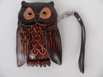 Hand Crafted Tooled Leather Owl Shape Coin Purse Bag & Carry Strap • $25