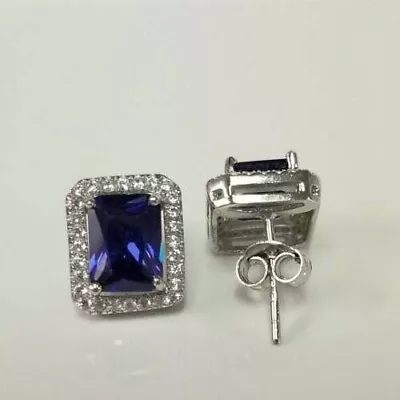 Silver Lab Created Sapphire & Diamond Stud Halo Earrings 14K White Gold Plated • $98.99