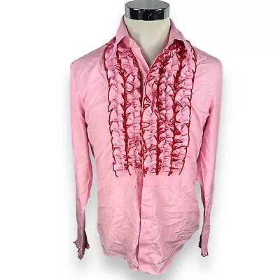 Zen Retro Tuxedo Shirt Men's Large Pink Cotton Ruffle Pointed Button Up Collar • $48.99