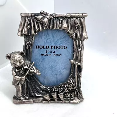 Pewter Miniature Photo Frame Sanwa Holds 2  X 3  Bear Playing Violin Vintage • £21