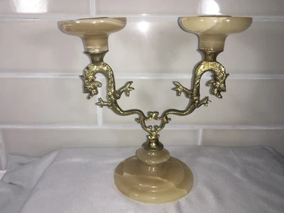 $30 • Buy Brass & Alabaster Marble Dragon Candelabra Double Candlestick Holder Foo Dogs