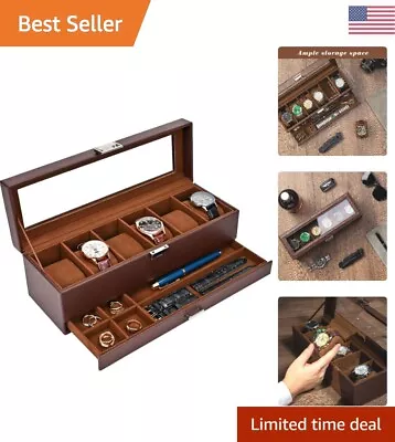 Watch Box Organizer For Men - 6 Slot Display Case With Drawer - Jewelry Storage • $36.99