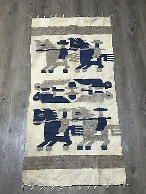 Vintage Aztec Western Horse Bird Cattle Art Wool Tapestry Rug 55x26 • $26.99