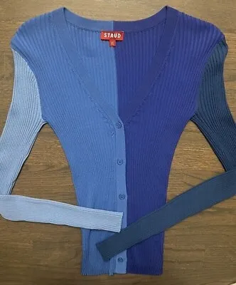 Staud Women's Blue/Navy Color Block Ribbed Cardigan Sweater - Size XS NWOT • $100