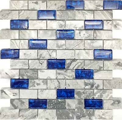 Glass And Stone Subway Tile 1 X2  Royal Blue & Gray Polished Mosaic Backsplash • $21.35
