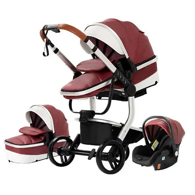 3 In 1 Baby Stroller Portable 4 Wheel PU Leather Newborn Stroller Aluminum Red • £232