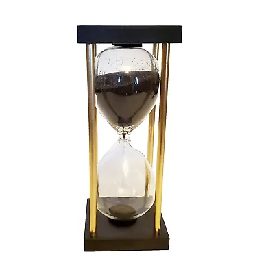Hourglass Timer With Black Sand 15 Minute Wood Base Gold Tone Columns 7  Tall • $23.55