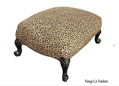 Vintage French Country Leopard Print Black & Tan Ottoman Footstool • $350