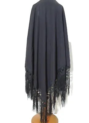 Victorian Black Mourning Piano Shawl W Fancy Knotted Fringe • $125