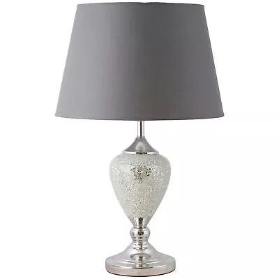 Large Glam 59cm Chrome With Mirrored Crackle Glass & Grey Shade Table Lamp • £53.50