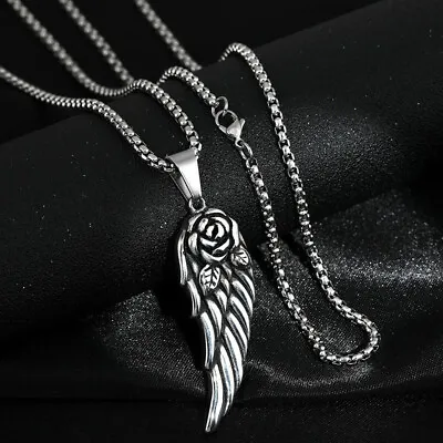 Men's Retro Metal Silver Pendant Rose Feather Pendant Necklace Fashion Jewelry X • $0.35