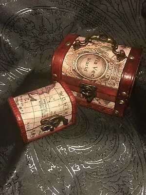 SET Of 2 WOODEN MAP ATLAS DESIGN TREASURE CHEST STORAGE JEWELLERY TRINKET BOX • £9.95