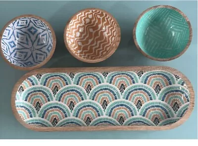 Mesa Inspired Living Mango Wood Printed Bowls & Tray 4-Piece Serving Set New • $13.59