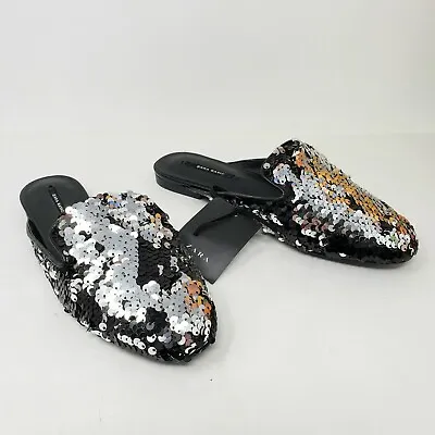 Zara Womena 5 Black Silver Flip Sequin Slip On Mules Flats Slides Shoes New • $17.99