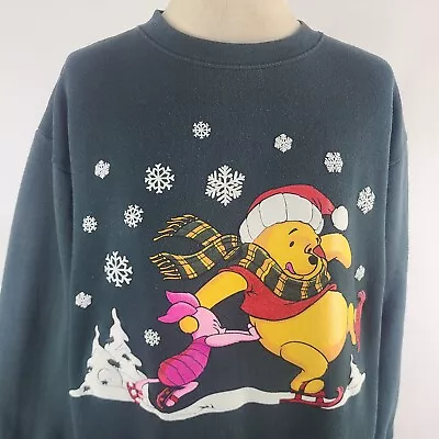 Vintage 90' Disney Sweatshirt Mens M  Green Winnie The Pooh Piglet Ice Skates • $30