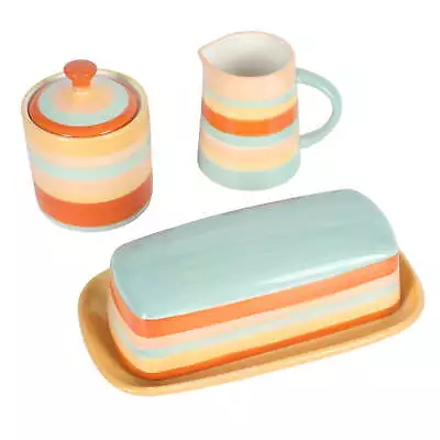  Home Vintage Stripe Orange Stoneware Butter Dish Sugar & Creamer Set  • $24