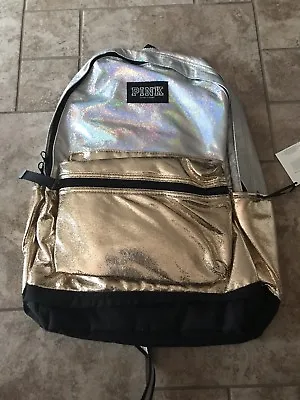 NWT Victoria Secret Campus Backpack Iridescent Metallic Gold Silver Bling BTS • $60