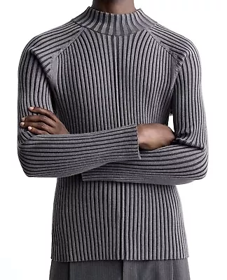 ZARA 'Super Slim Fit Ribbed Mock Neck' Men's Designer Knit Sweater S Gray *NWT* • $85