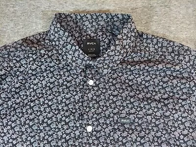 Rvca Mens Shirt Large Short Sleeve Slim Fit Floral All Over Print Button Up Blue • $22.99