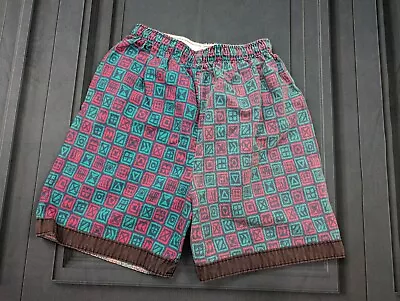 Vintage Swim Shorts Trunks Printed Cotton Size S Small 70's 80's Teal Pink • $10