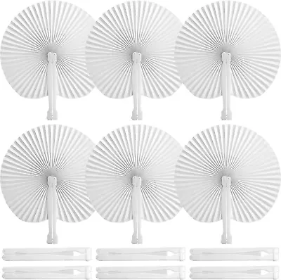 12PCS Folding Handheld Fans White Paper Fans Bulk Round Shaped Accordion Fans W • $17.36