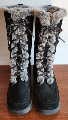 Women's Skechers Grand Jams Boots Black Zip Lace Up Faux Fur Leather 48743 Sz 8 • $39.99