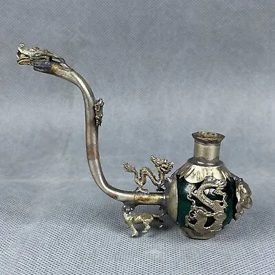 Tibet Silver Inlaid Old Jade Handmade Statue Dragon Phoenix Tiger Smoking Pipe • $17.99