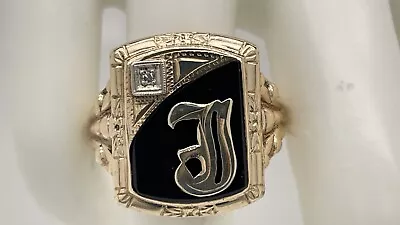 Vintage 10k Yellow Gold Black Onyx Initial  F  Diamond Ring Size 10 1/4 - 6.3 Gr • $295