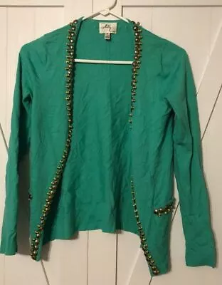 Milly New York Sweater Womens Size Petite Small Open Front Pockets Beaded Green • $34.94