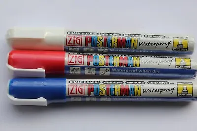 Pack Of 3 Red Blue White Zig Posterman PMA-30 Waterproof Art Sign Pens 2mm Nib • £3.99