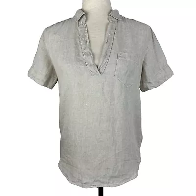 J. Crew Linen Top Women Size XXS Beige Flax V-Neck Popover Shirt • $16.15