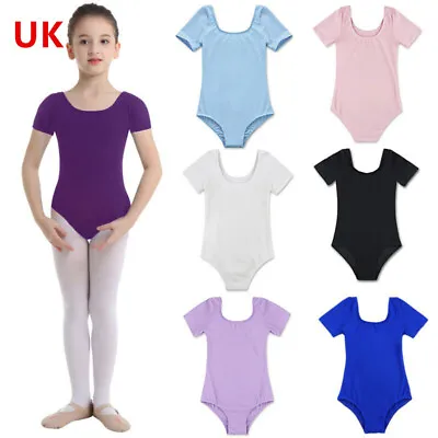 UK Kids Girls Ballet Dance Leotard Short Sleeves Stretchy Gymnastics Dancewear • £7.66