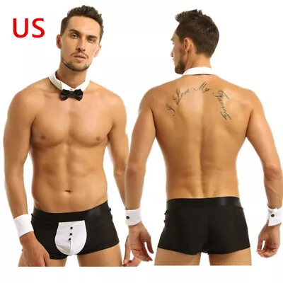 US Sexy Mens Waiter Costume Bow Tie Collar Boxer Briefs Underwear With Bracelets • $12.21