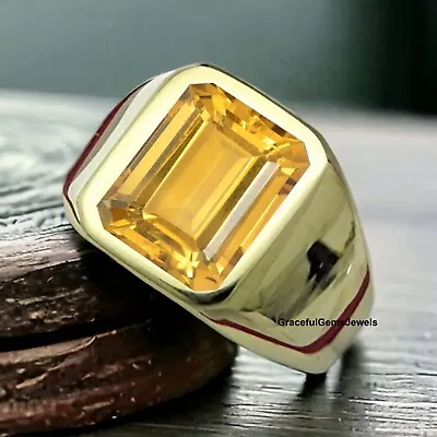 Natural Yellow Topaz Ring Emerald Cut Men Golden Topaz Ring 925 Sterling Silver • $79.99