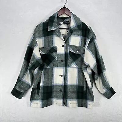 Zara Shacket Womens Small Green Plaid Shirt Jacket Oversized Flannel Button Up • $30