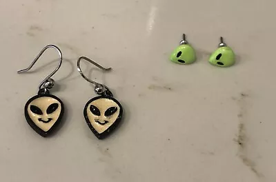 Lot Of 2 Pair ALIEN UFO Area 51 Earrings Stud Dangle Neon Green • $5