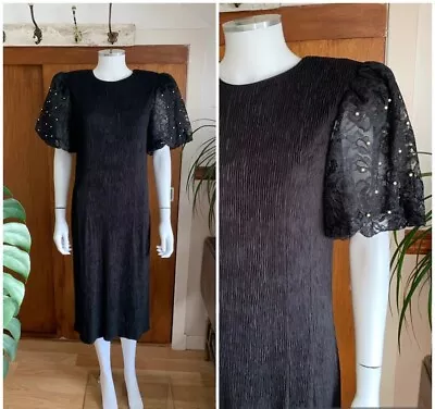 1980s Vintage Black Puff Shoulders Midi Dress Uk 14 Stretch Crinkle Party Prom • £32